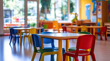 Colorful preschool classroom with tables and chairs (1)