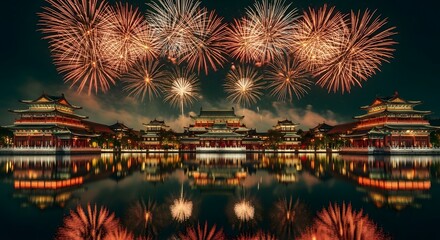 Spectacular fireworks display over traditional chinese architecture and water reflection
