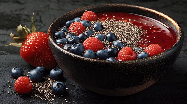 A dark bowl overflows with mixed berries atop a chia seed base. A juicy strawberry sits on the side, creating a colorful and healthy display