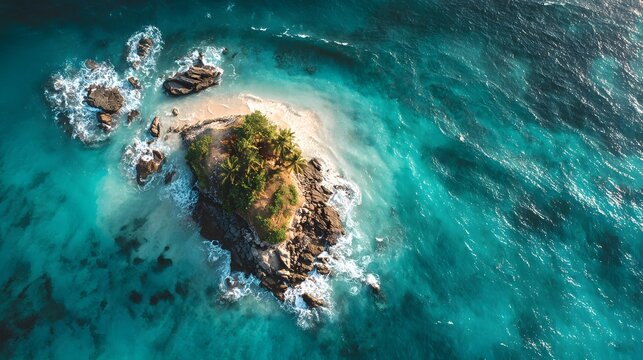 Aerial view captures small, isolated tropical island surrounded by vibrant turquoise ocean water