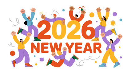 2026 New Year Celebration: Illustrating a jubilant celebration as the dawn of 2026 arrives. It's a colorful spectacle as diverse figures, symbols of unity.