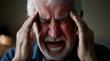 White mature male with gray hair and beard suffering from strong headache or migraine, sitting at home, holding head with hands, red glow on forehead
