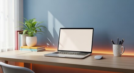 Modern home office workspace with laptop and plant on wooden desk