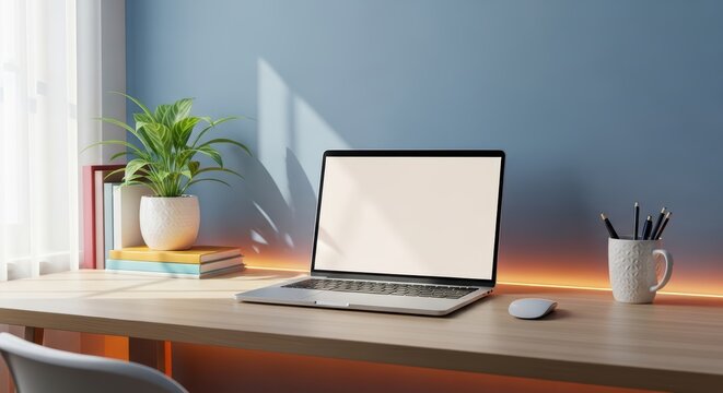 Modern home office workspace with laptop and plant on wooden desk