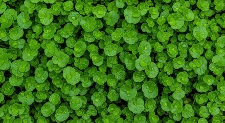 Close up overhead view of a dense carpet of small vibrant green leaves