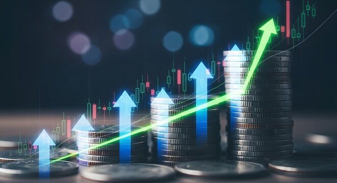 Rising stacked coins with upward arrows and financial growth chart overlay