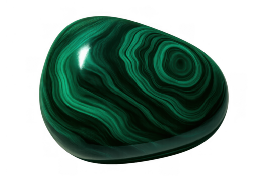 Polished malachite gemstone showing vivid green concentric bands and abstract natural patterns, transparent background