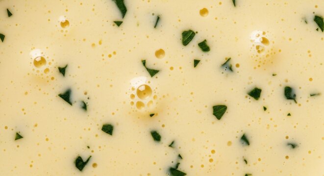 Close up macro shot of creamy yellow sauce with green herbs and oil droplets - Powered by Adobe