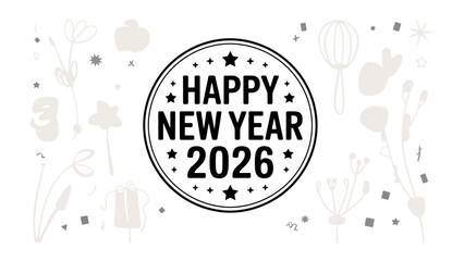 New Year 2026 Celebration: A festive emblem, adorned with stars, heralding the arrival of the New Year 2026, amid delicate floral motifs, conveying a sense of fresh beginnings and joyous anticipation.