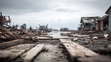 Aftermath of a natural disaster at a coastal village, devastation and ruin