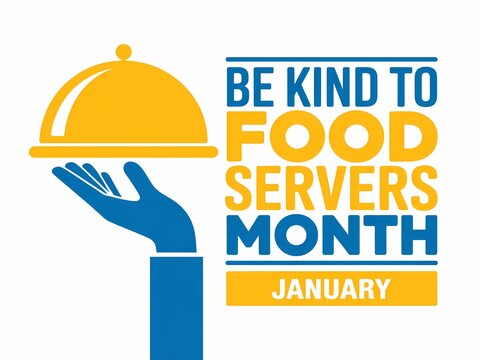 Be kind to food servers month january graphic with a hand holding a covered dish