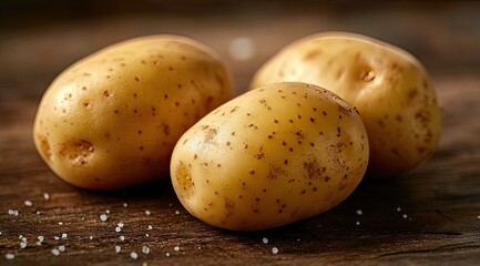 Three fresh potatoes on a wooden surface