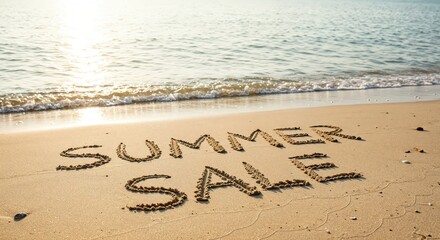 Fototapeta premium Summer Sale at the Beach: Summer Sale inscription etched into the sun-kissed sands of a beautiful beach. The tranquil ocean laps gently at the shore, reflecting the warm sunlight.