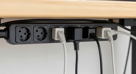 Obraz premium Organized power strip with multiple plugs neatly arranged under desk
