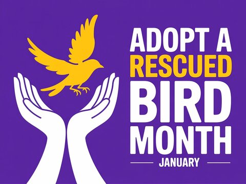 Adopt a rescued bird month january graphic with hands holding a yellow bird against a purple background