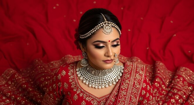 Indian bridal makeup and jewelry photoshoot in red dress