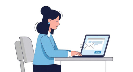 Woman working on laptop at desk with focused expression.