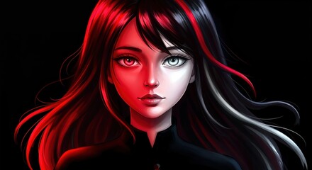 Eternal Duality: An evocative artwork depicting a young woman, bisected by a vibrant interplay of light and shadow, representing contrasting aspects of character or experience. 