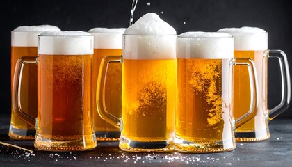 Six mugs filled with foamy, golden liquid; pouring action visible in one. The beverages look refreshing