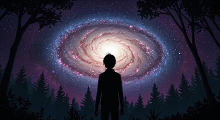 Obraz premium Stargazer's Gaze: A silhouette of a person gazing up in wonder at a vibrant spiral galaxy, enveloped by a dark, mystical forest and an evening sky full of celestial marvels.