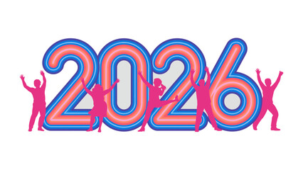 Celebration of the Year 2026: Lively figures dance beneath the neon glow of the number 2026, creating a festive atmosphere. A vibrant and energetic scene that suggests new beginnings.
