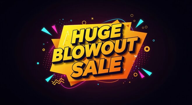 Blowout Sale Sign: A dynamic and eye-catching advertisement banner screams Huge Blowout Sale set against a vibrant, geometric background. Promoting deals, discounts, and bargains