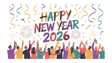 Celebratory Toast: a vibrant illustration capturing a joyous New Year's Eve celebration with people raising their glasses in a toast, festive streamers and fireworks filling the sky.
