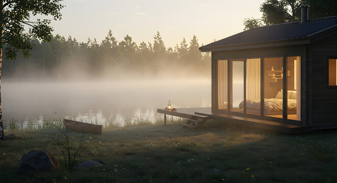 Serene lakeside cabin retreat at dawn with misty water and inviting cozy interior glow - Powered by Adobe
