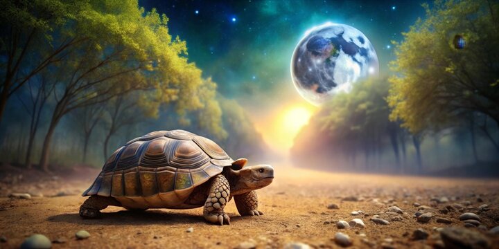 A tortoise journeys on a mystical path towards a celestial orb, under a twilight sky filled with stars, amidst a dreamlike forest