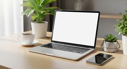 Open laptop on wooden desk with plants and smartphone