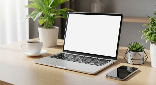 Open laptop on wooden desk with plants and smartphone