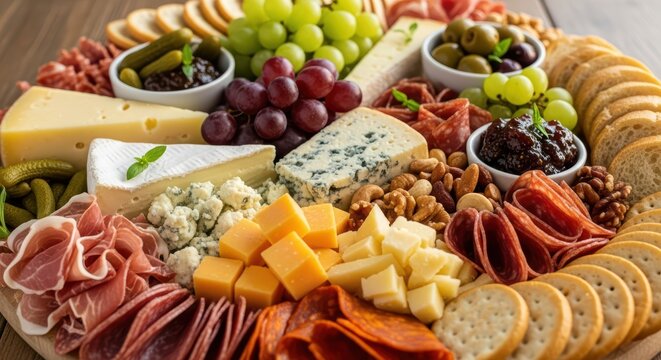 Gourmet cheese and charcuterie board with grapes and fresh bread
