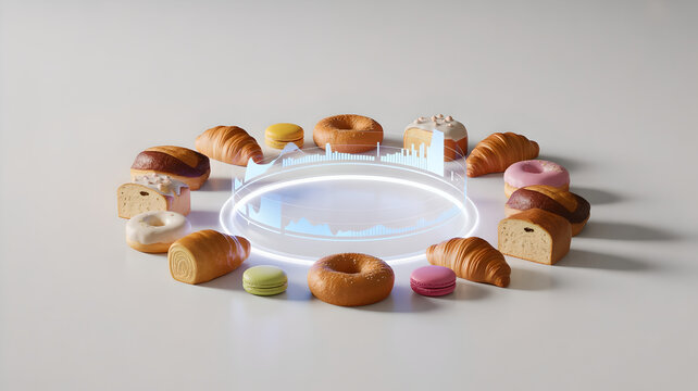 Bakery Market Share: Assorted Pastries Surrounding a Digital Data Analysis Hologram..