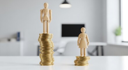Gender pay gap concept - Wooden figures on unequal stacks of coins.