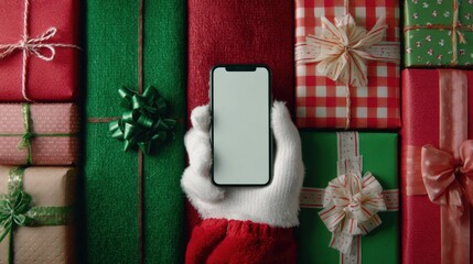 Santa hand holding mobile phone with empty screen in christmas day,holiday shopping online,light background,smartphone,banner sale gifts,Blank white screen,Mockup.