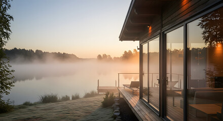 Luxury lakeside home at dawn with fog rolling over the water offers peaceful getaway and serene retreat