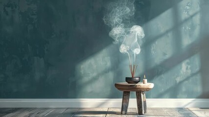 Small wooden stool holds incense and candles in sunlit room, creating calming ambiance