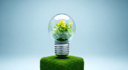 Green energy concept light bulb with plant inside representing sustainable future