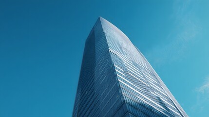 Modern glass skyscraper ascends toward a clear blue sky in a dramatic upward view