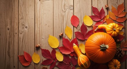 Vibrant autumn display with pumpkins and colorful leaves on wooden background