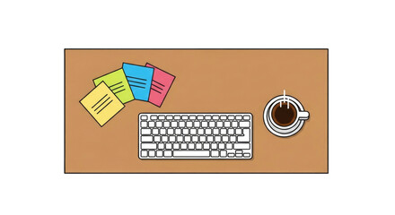 Workspace with keyboard coffee and sticky notes for work and study.