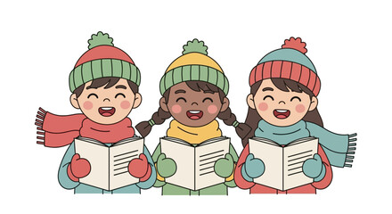 Whimsical trio singing carols in winter attire showcasing festive holiday spirit spreading joy