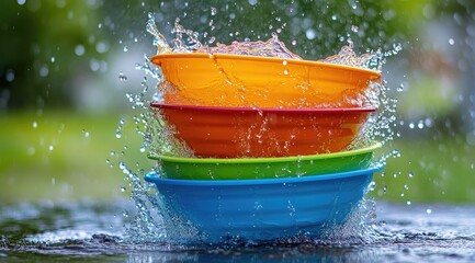 Colorful bowls in water splash (3)
