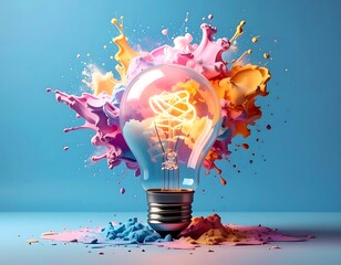 A lightbulb bursts with colorful paint against a bright blue background