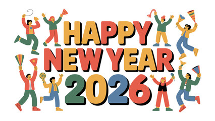 Happy New Year 2026 Celebration: A lively illustration of people celebrating New Year 2026. This dynamic visual embodies the excitement, hope, and celebratory spirit of the New Year.