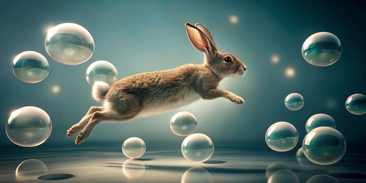 A Leaping Hare Amidst Shimmering Spheres in a Dreamlike Setting