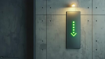Elevator control panel with green downward arrow light indicator on concrete wall