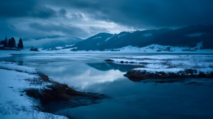 Obraz premium Dramatic twilight scene captures a partially frozen body of water reflecting moody clouds above snow-covered hills.