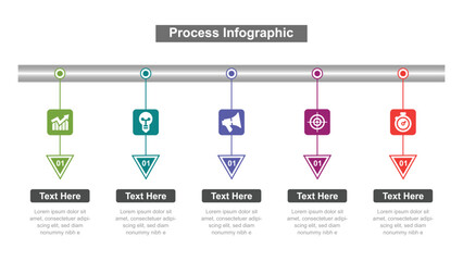 Five Step Process Infographic with Icons, Numbered Triangles, and Text Boxes for Presentations