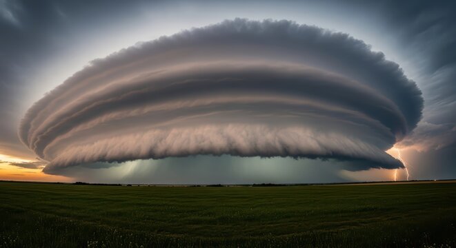 Majestic supercell thunderstorm over green field with lightning